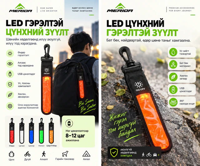 MERIDA LED гэрэлтэй цүнхний зүүлтийн зураг